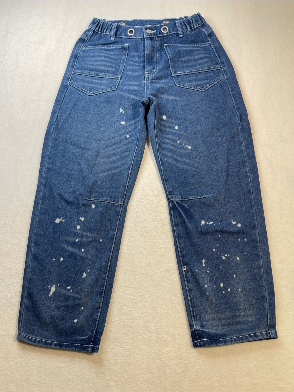 NEW COLLECTION Women Cropped Paint-Splatter Blue Jeans SIZE S NWT NO DRAWSTRING